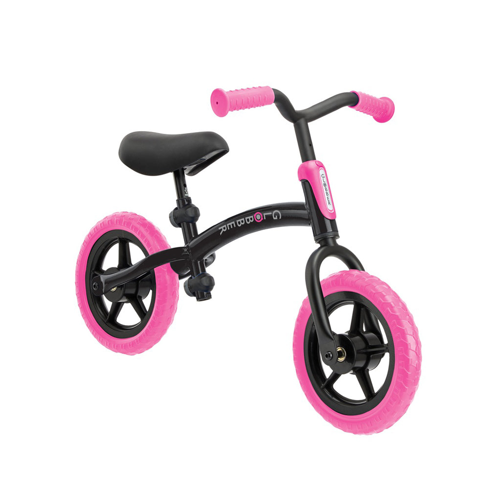 The Globber Go Bike by Globber is a black toddler balance bike featuring bright pink tires, pink handlebar grips, and a black seat, perfect for helping young children develop balancing skills.