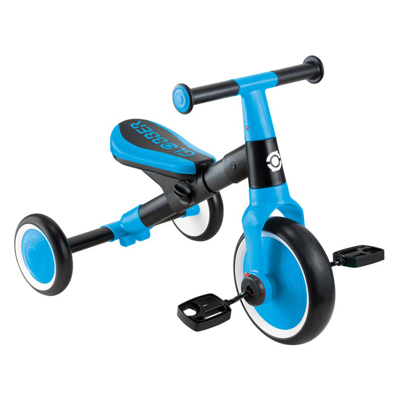 The Globber Learning Trike by Globber is a blue and black toddler trike with two small rear wheels, a large front wheel with pedals, wide seat, and straight handlebars—ideal for developing balance and coordination.