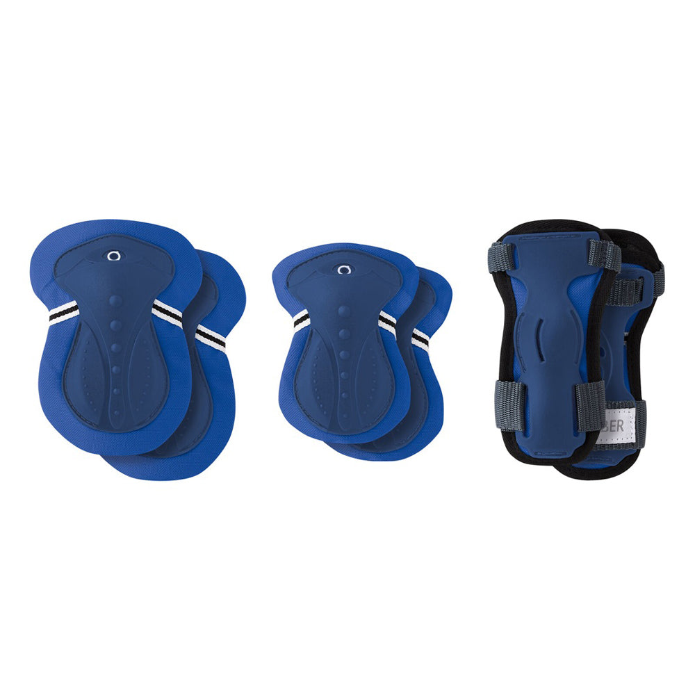Three sets of Globber Pad Set (Knees, Elbows, Wrists) by Globber are displayed on a white background; two pairs feature rounded shapes and one pair has straps.
