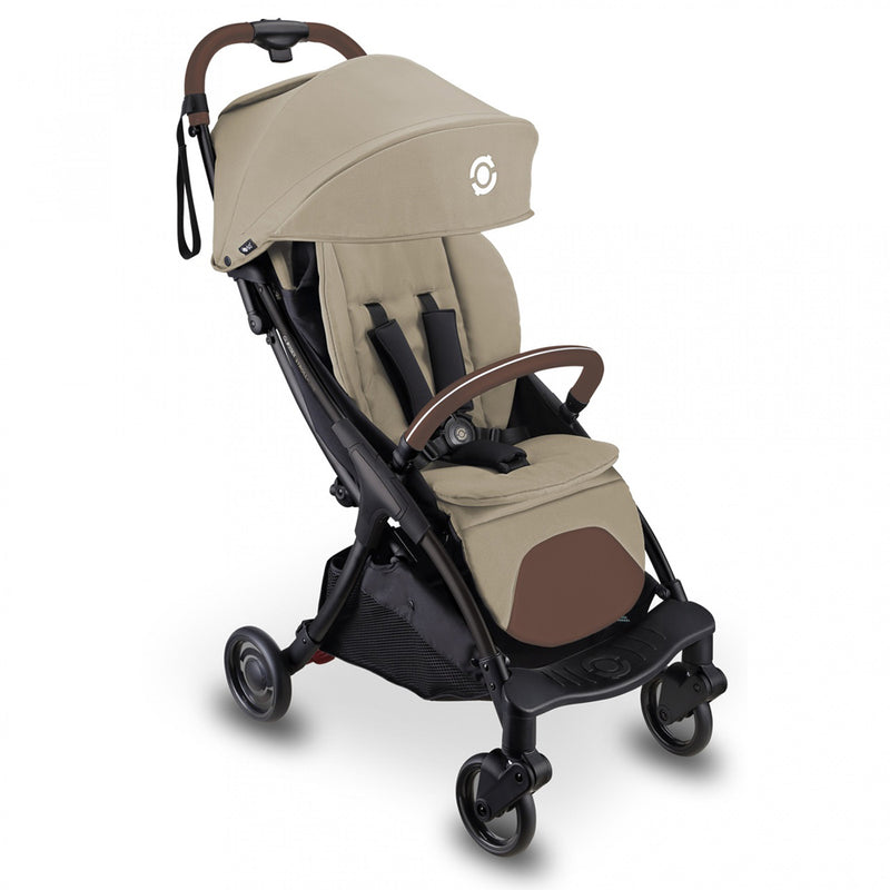 The Globber Stroller Lite by Globber is a beige and brown foldable stroller with a canopy, safety harness, black frame, four wheels, and an under-seat storage basket—designed for comfort and convenience.