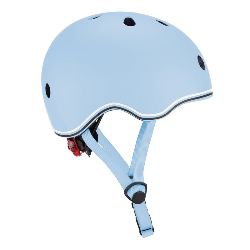 The Globber Toddler Helmet by Globber is a light blue, adjustable kids helmet featuring a smooth rounded shape, multiple ventilation holes, and comfortable chin straps.