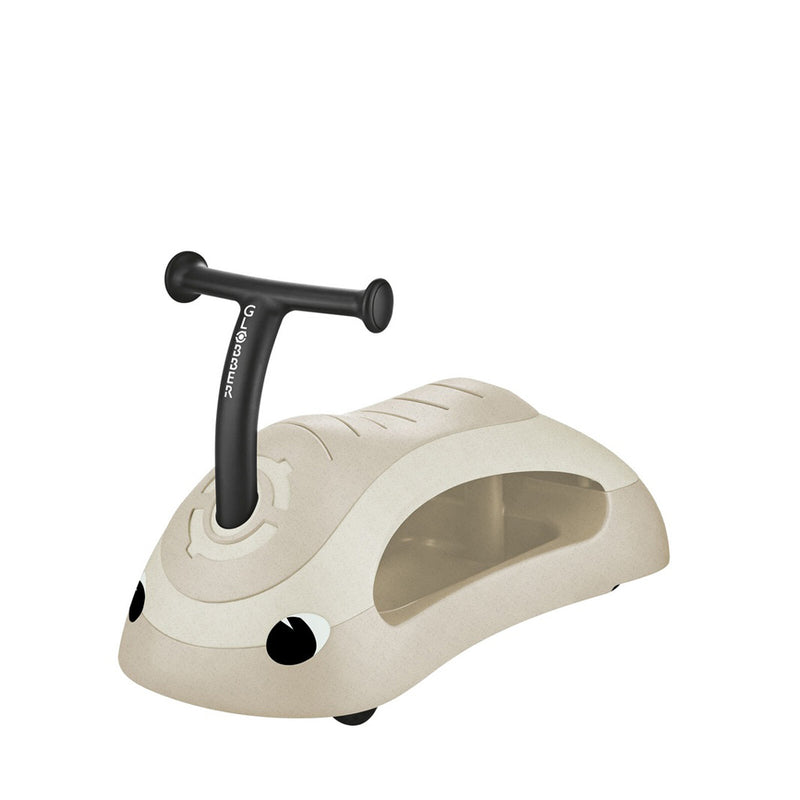The Globber Walk n' Roll 2in1 Ecologic by Globber is a beige, snail-shaped ride-on walker with a black handlebar and wheels, cartoon eyes on the front, and a seat area—perfect for toddlers' fun and developmental play.