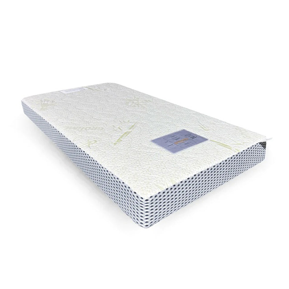 The Grotime Bamboo Nest Luxe Mattress by Grotime is a single pocket spring mattress with a white textured top, blue-and-white checkered edges, and a side label, shown on a white background.