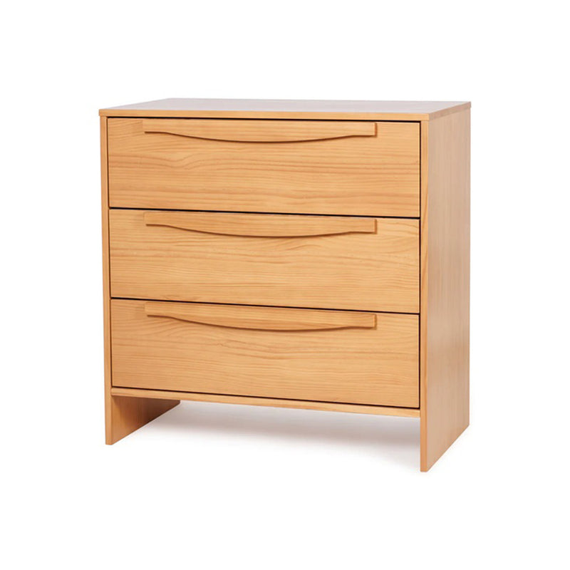 The Grotime Grace Chest by Grotime is a light wood, three-drawer dresser made from sustainable New Zealand Pine, with curved handles and a smooth minimalist design—ideal modern nursery storage against a white background.