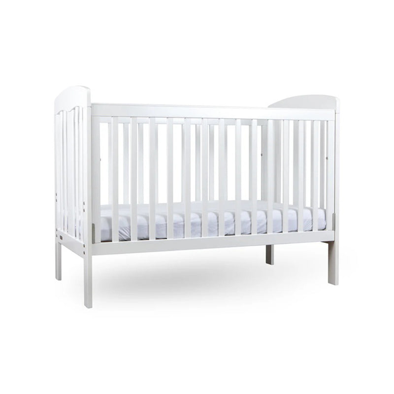 The Grotime Pearl 4 in 1 Cot V2 by Grotime is a white wooden convertible cot with vertical slats on all sides, a modern design, and includes a fitted white mattress.