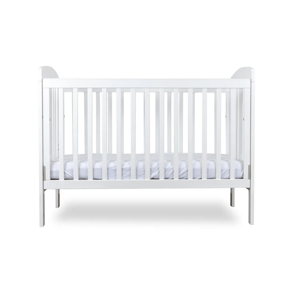 The Grotime Pearl 4 in 1 Cot V2, shown with vertical white wooden slats and paired with the Grotime Comfort Cocoon Mattress, is displayed against a plain white background.