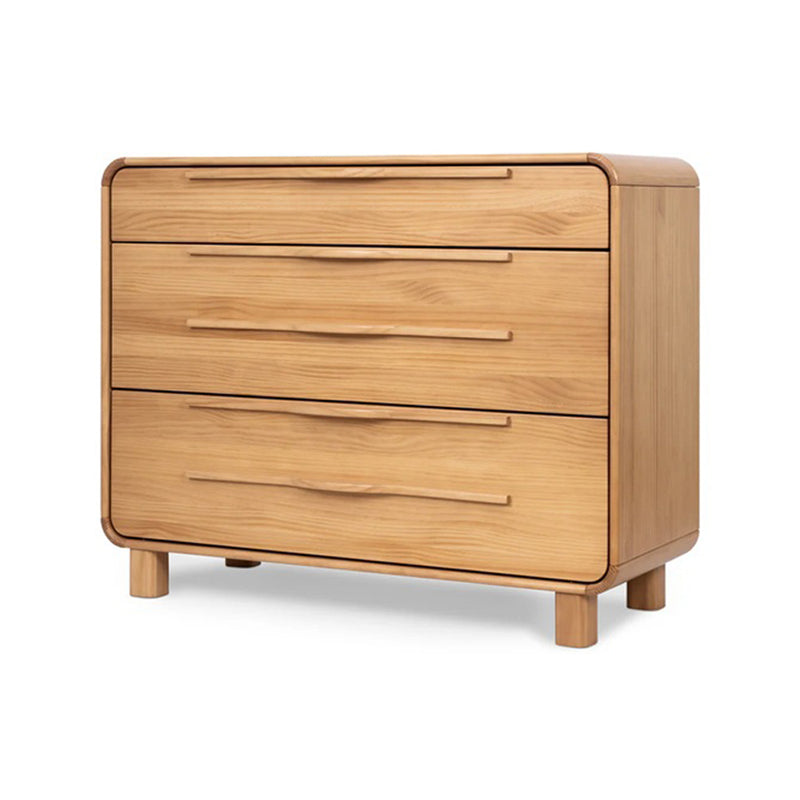 The Grotime Winslow Chest by Grotime is a light wood dresser crafted from New Zealand Pine, featuring three drawers, rounded corners, a minimalist design, and four short legs—ideal nursery furniture.