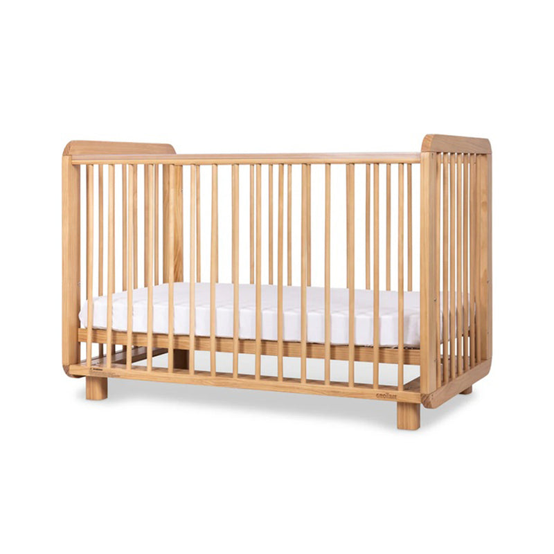 The Grotime Winslow Cot by Grotime is a wooden baby cot with vertical slats on all sides, a white mattress, and a natural wood finish. This adjustable nursery cot is displayed against a plain white background.