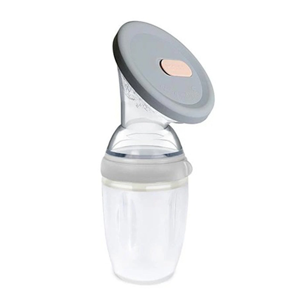 The Haakaa Breast Pump & Cap Pack by Haakaa features a clear silicone manual breast pump with a wide neck and gray lid—perfect for breastfeeding moms. It collects milk easily and doubles as a silicone bottle.