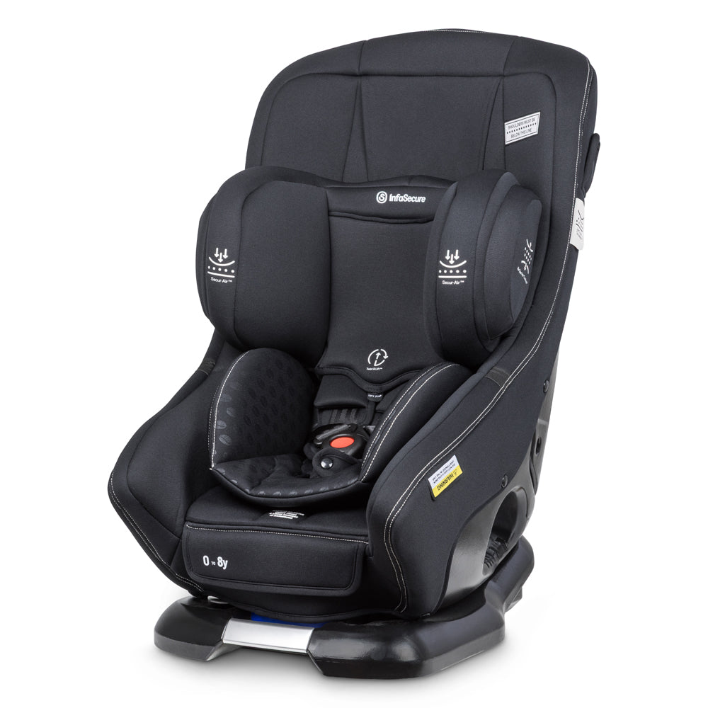 The InfaSecure Achieve Air Cafe Tek 0-8y by InfaSecure is a black, narrow child car seat with padded sides, a five-point harness, safety labels, and an upright design for extended rearward facing for children aged 0–8 years.