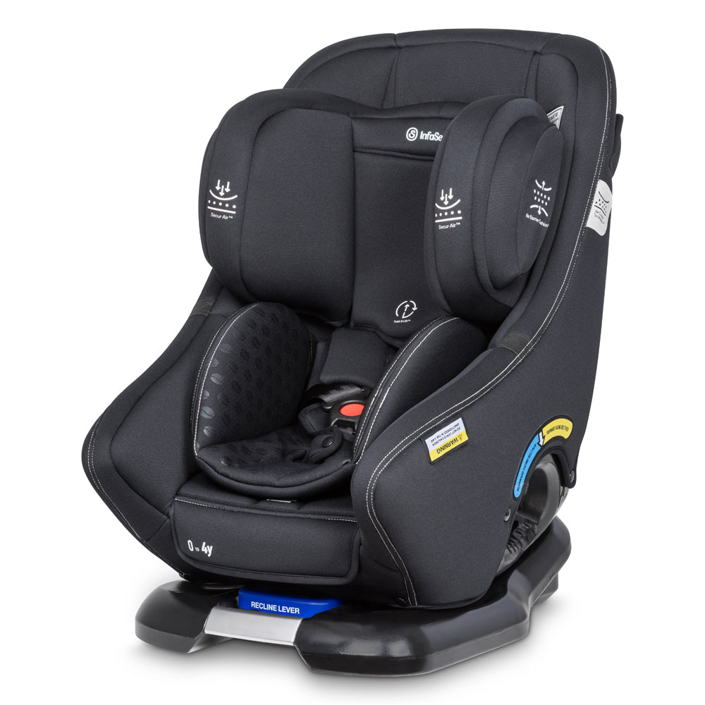 The InfaSecure Attain Air Cafe Tek Isofix 0-4y by InfaSecure is a black convertible car seat with padded sides, headrest, safety harness, and labels. It offers extended rearward facing and secure, eco-friendly installation in your vehicle.