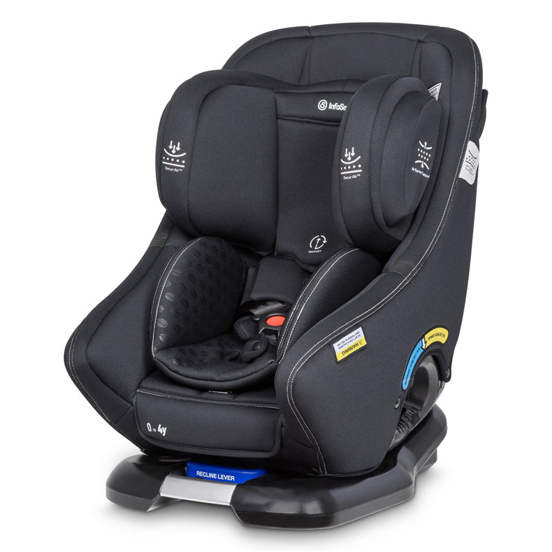 The InfaSecure Attain Air Cafe Tek Isofix 0-4y by InfaSecure is a black convertible car seat with padded sides, headrest, safety harness, and labels. It offers extended rearward facing and secure, eco-friendly installation in your vehicle.