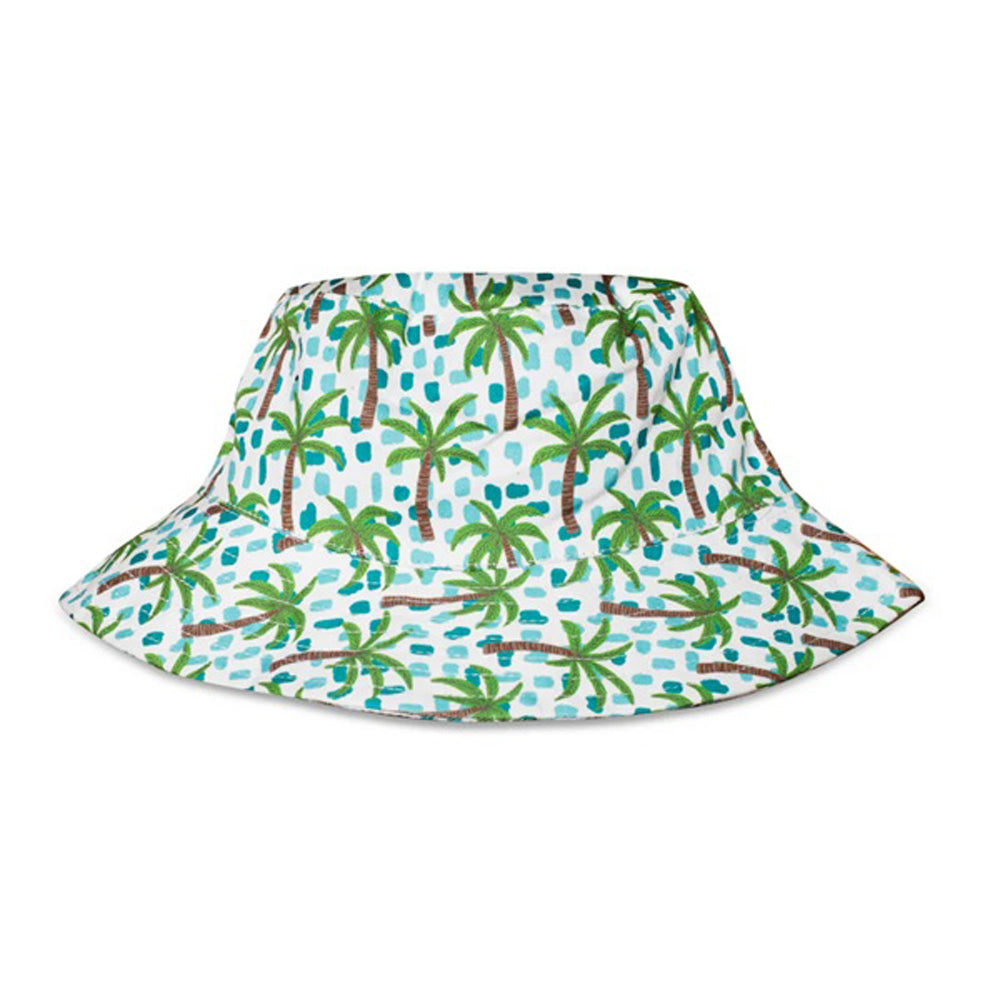 The IZIMINI Kai Baby Cotton Hat by IZIMINI features a colorful green palm tree and blue dot pattern on white, made from breathable cotton, and offers 360-degree sun protection for your little one.