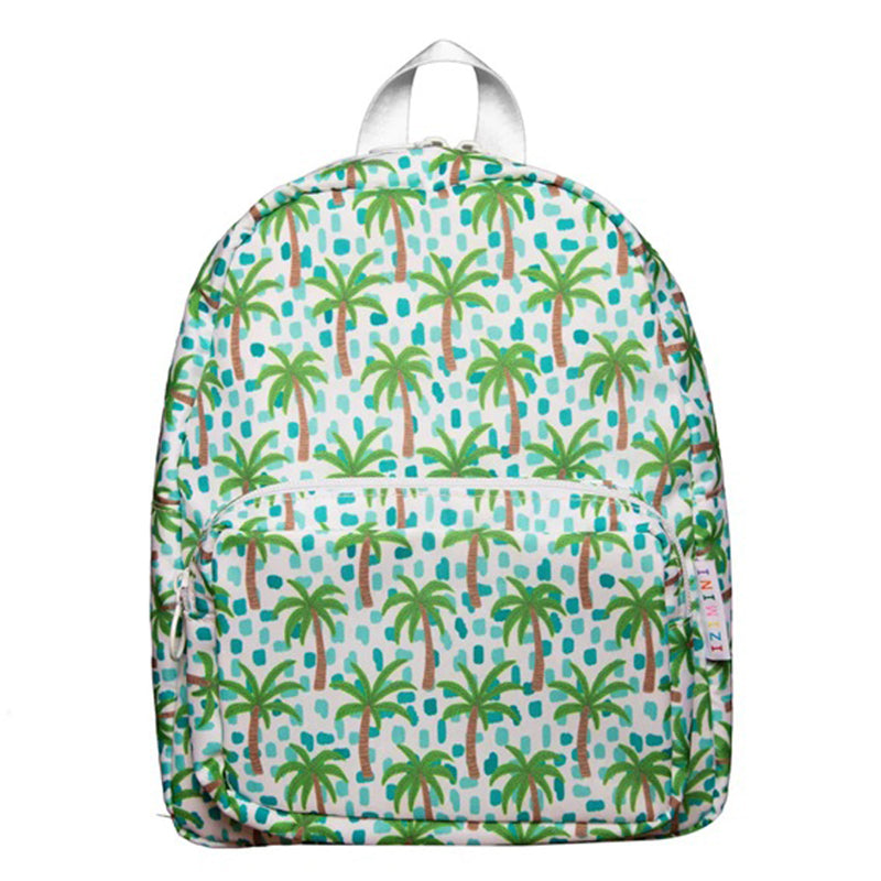 The IZIMINI Kai Backpack by IZIMINI is a white kids’ backpack with a colorful palm tree and teal dot pattern, plus a front zippered pocket. It features white handles and zippers—making it a stylish mini backpack for little ones.