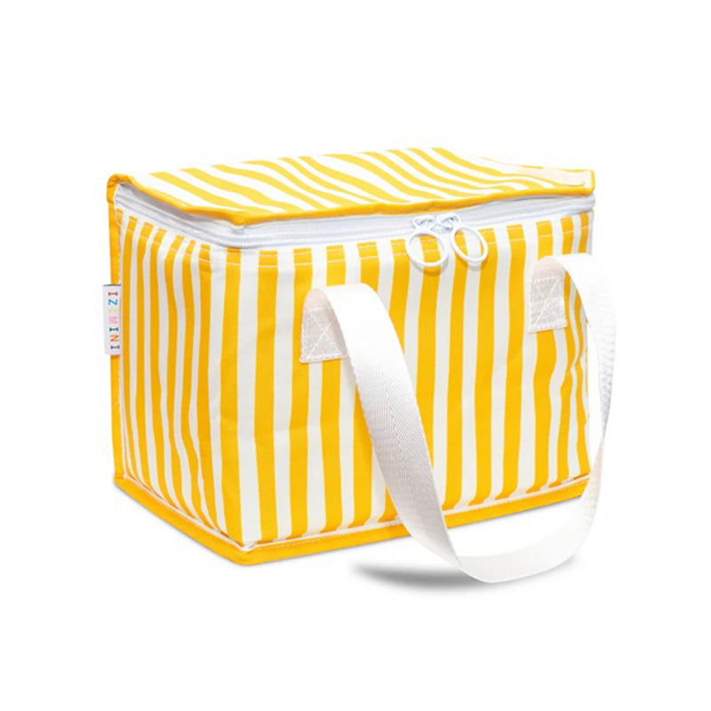 The IZIMINI Brighton Lunch Bag by IZIMINI is rectangular, BPA free, with vertical yellow and white stripes, a top white zipper, white carrying straps, and a small colorful side tag.