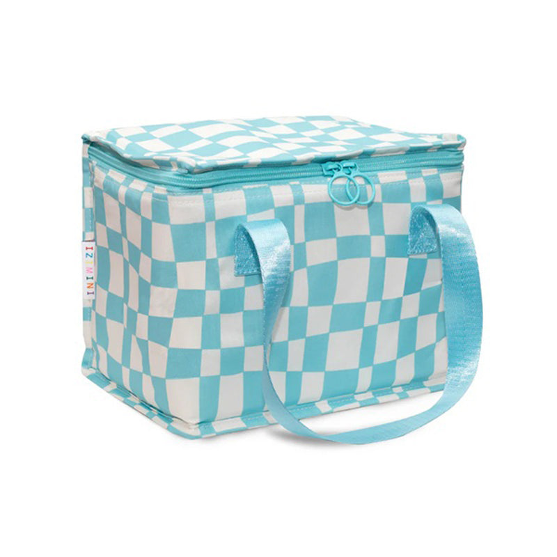 The IZIMINI Harper Lunch Bag by IZIMINI is a rectangular, BPA-free insulated bag featuring a light blue and white checkered pattern, shiny light blue handles, and a zipper closure. It is shown standing against a plain white background.
