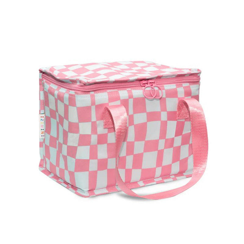 The IZIMINI Isla Lunch Bag by IZIMINI is a BPA-free, rectangular insulated bag featuring a pink and white checkered pattern, pink handles, and a top zipper closure.
