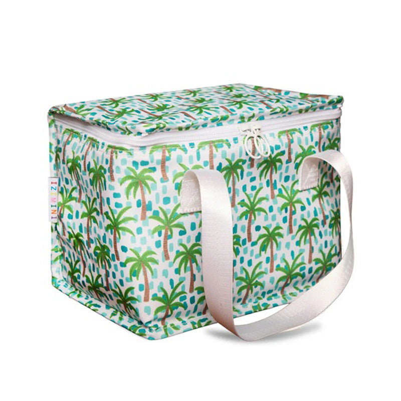 The IZIMINI Kai Lunch Bag by IZIMINI is a BPA-free insulated kids lunch bag featuring a palm tree pattern, white zipper, and handles—ideal for school or outings.