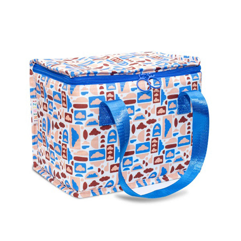 The IZIMINI Sky Lunch Bag features a blue and brown geometric food pattern, blue zipper and handles. This BPA-free rectangular bag from IZIMINI is perfect for kids' lunches and is shown on a white background.