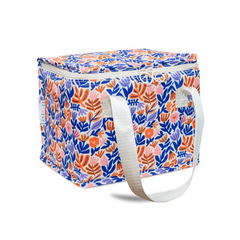The IZIMINI Willow Lunch Bag by IZIMINI features a rectangular shape, white handles, a vibrant blue, orange, and pink floral pattern, top zipper closure, and is BPA free—perfect for kids' lunches.