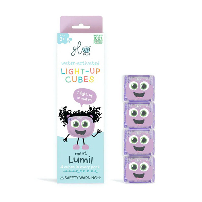 A box labeled "Jellystone Glo Pal Cubes 4pk" by Jellystone for ages 3+ features Lumi, a cartoon character. Four purple, smiling bath light cubes with big eyes are shown beside the box, ideal for sensory play.