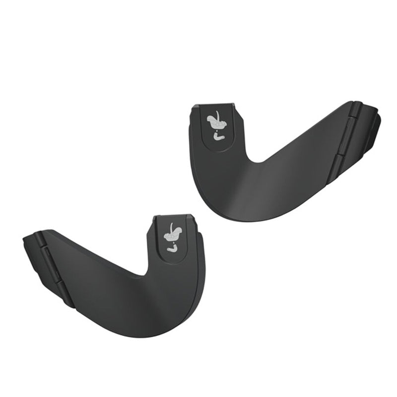 The Joolz Aer2 Car Seat Adapter Set by Joolz features two black adapters with a white rabbit and lock icon, shown on a plain white background—ideal for connecting your compatible car seat to the stroller and creating a seamless travel system.