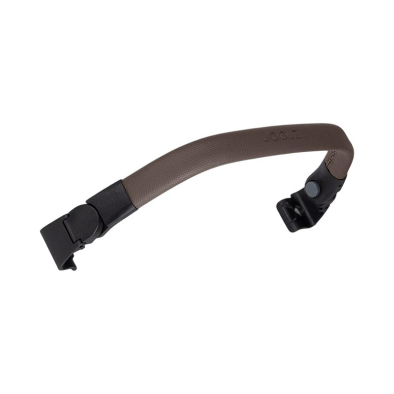 The Joolz Aer2 Foldable Bumper Bar by Joolz features a brown padded grip and black plastic connectors, and easily attaches or detaches from the stroller frame for added convenience.