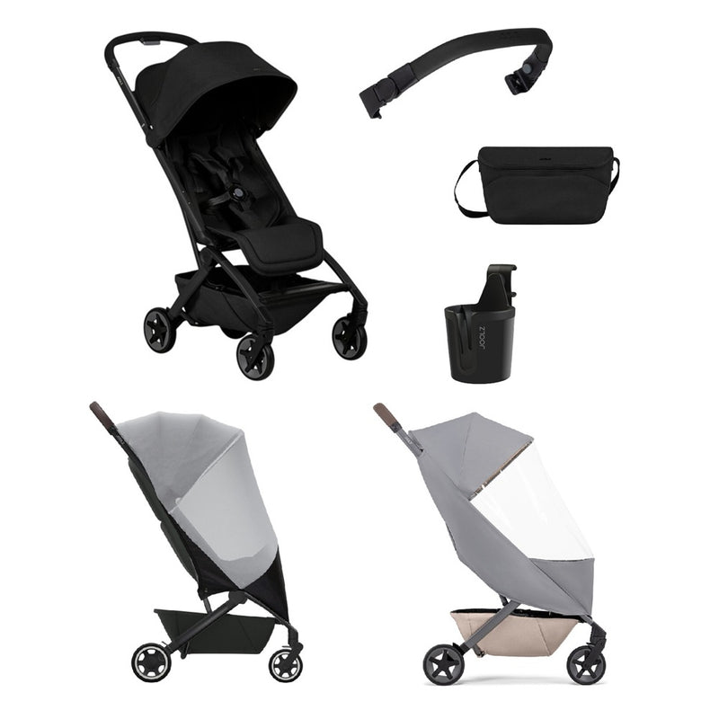 The Joolz Aer2 Ultimate Travel Bundle by Joolz in black includes a strap, black pouch, cup holder, mesh cover, and clear plastic cover—each shown separately. This ultra-compact stroller is ideal for families on the go.