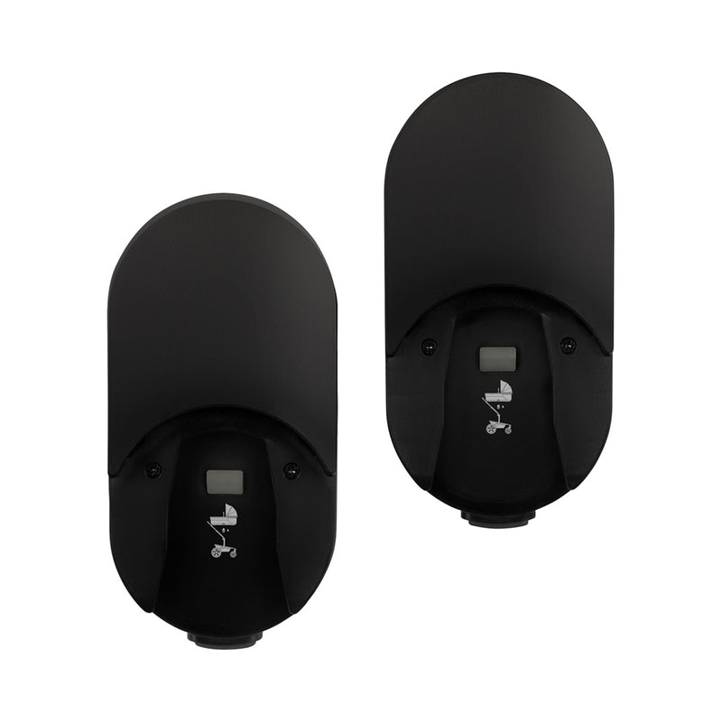 Two black, oval Joolz Hub2 Bassinet Height Adapter Set devices with displays and logos, viewed from above on a white background. Ideal for tall parents, these sleek Joolz adapters offer extra height for cot setups and feature a modern design.
