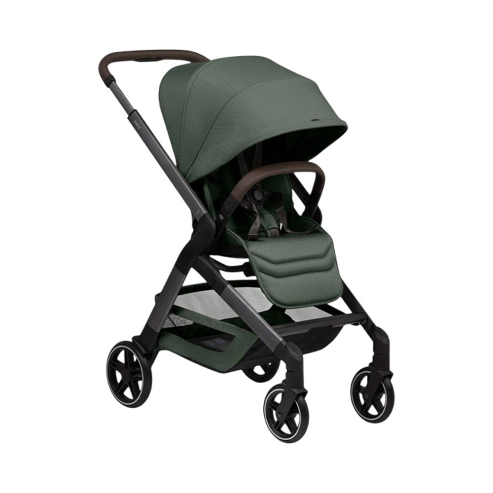 The Joolz Hub2 Stroller by Joolz is a modern, dark green compact stroller with a canopy, padded reversible seat, black frame, four wheels, storage basket underneath, and a lightweight design. Shown on a white background.