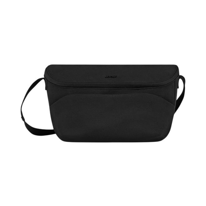 The Joolz Organiser Aer2/Hub2/Geo3 by Joolz is a black rectangular shoulder bag with a long strap and curved front pocket—perfect as a baby travel accessory or stylish stroller organizer for parents on the go.