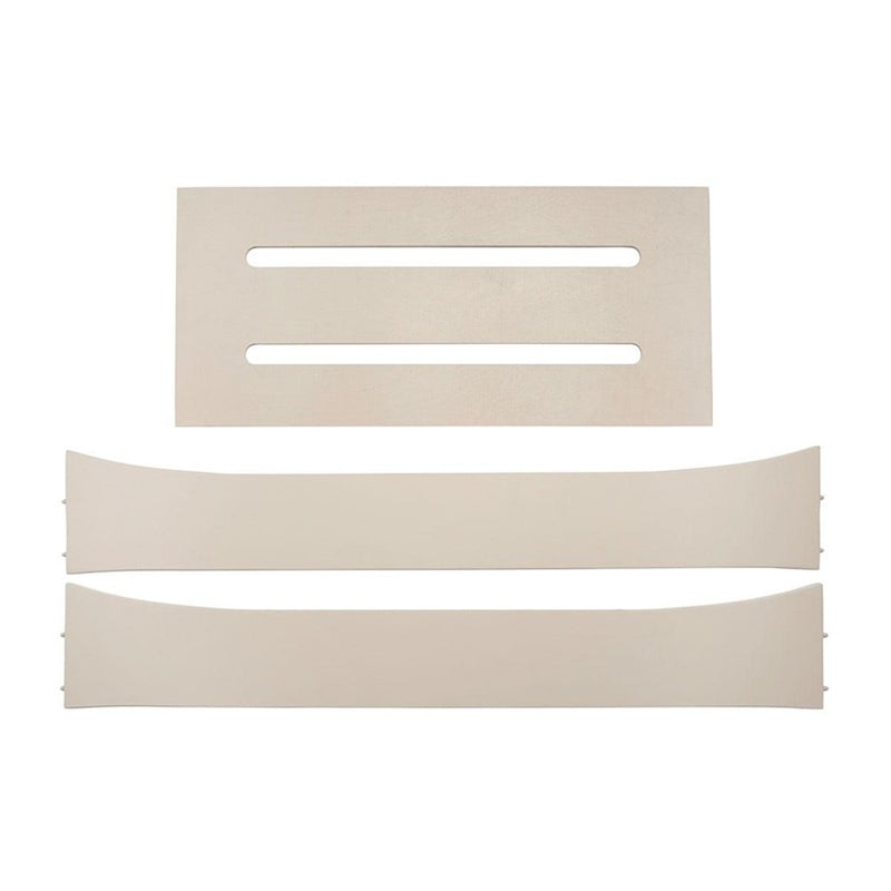 Three beige panels from the Leander Classic Cot To Junior Bed Extension Kit by Leander are shown: a rectangular panel with two horizontal slots, and two gently curved panels beneath it, all displayed on a white background.