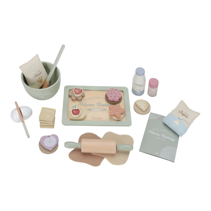 The Little Dutch Baker Set by Little Dutch features pastel wooden pieces like a mixing bowl, whisk, flour and sugar bags, rolling pin, cookies, milk bottle, eggs, and more—ideal for pretend play or any play kitchen.