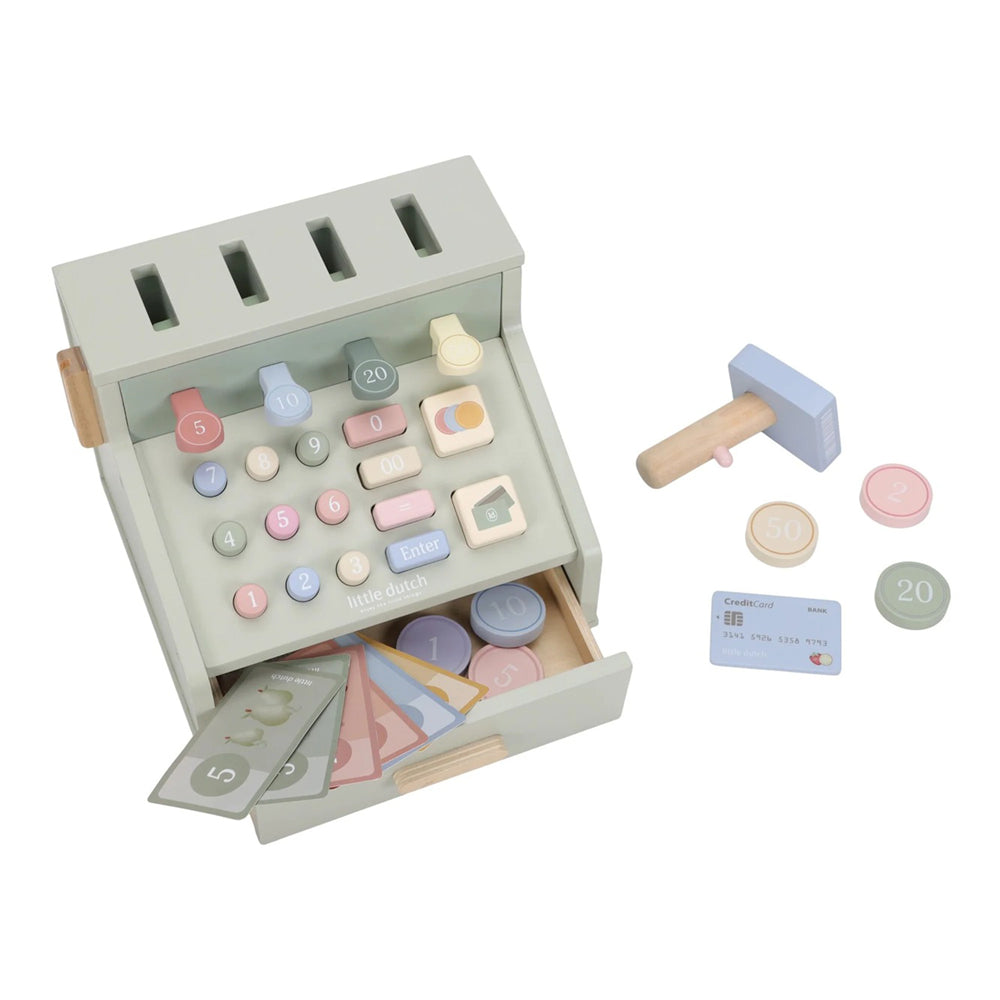 The Little Dutch Cash Register by Little Dutch is a pastel wooden pretend-play toy featuring buttons, coins, banknotes, a credit card, toy scanner, and an openable drawer with neatly arranged money for educational fun.