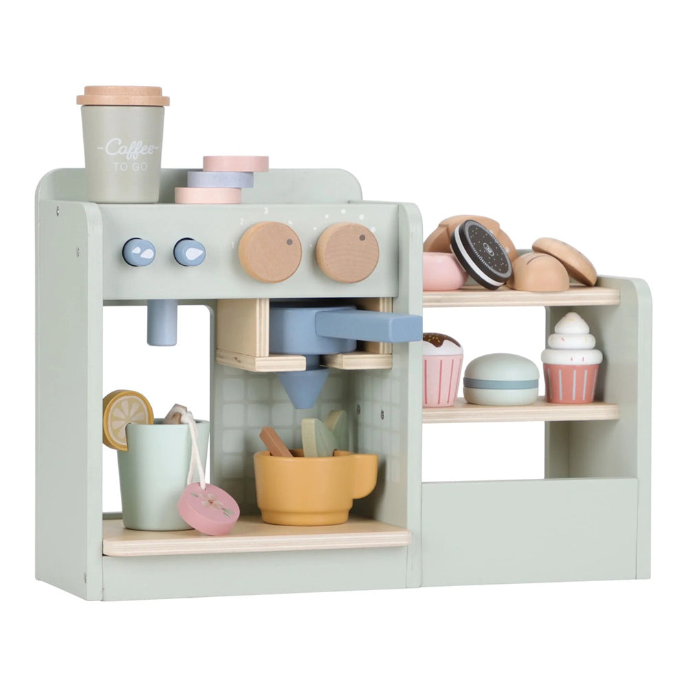 The Little Dutch Coffee Corner by Little Dutch is a wooden role-play set with a kids coffee machine, cups, pastries like cupcakes and macarons, desserts, and a to-go cup—all display pieces painted in pastel colors.