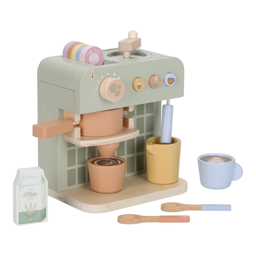 The Little Dutch Coffee Machine by Little Dutch is a wooden barista toy in pastel colors, featuring cups, spoons, a milk carton, and buttons. All parts are arranged on a light base for creative pretend play.