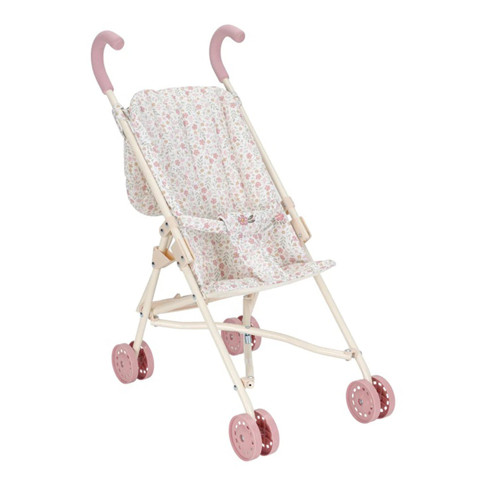 The Little Dutch Doll Stroller Floral by Little Dutch is a lightweight metal buggy with pink handles, wheels, and a floral-patterned fabric seat—perfect for children to push their dolls or stuffed animals.