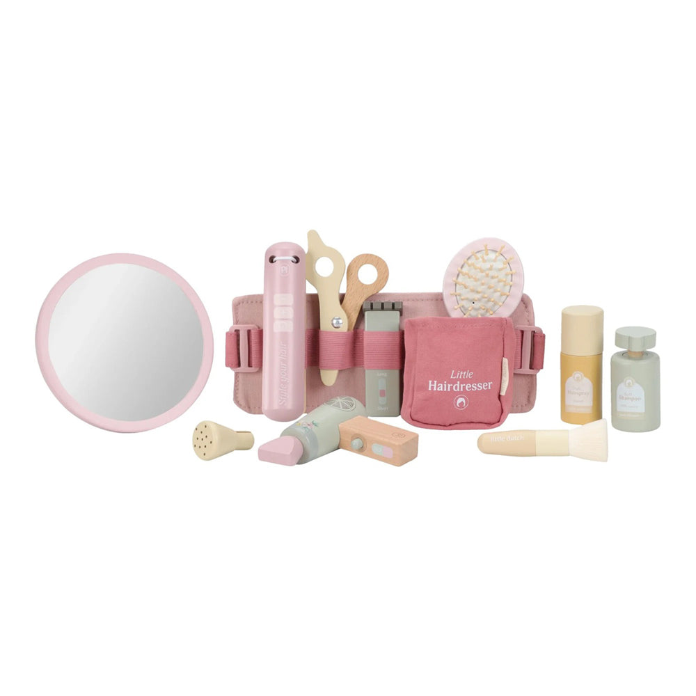 The Little Dutch Hairdresser Set by Little Dutch features a pink belt with toy scissors, hair dryer, brush, mirror, and more—perfect for creative role play and fun hair styling pretend play.