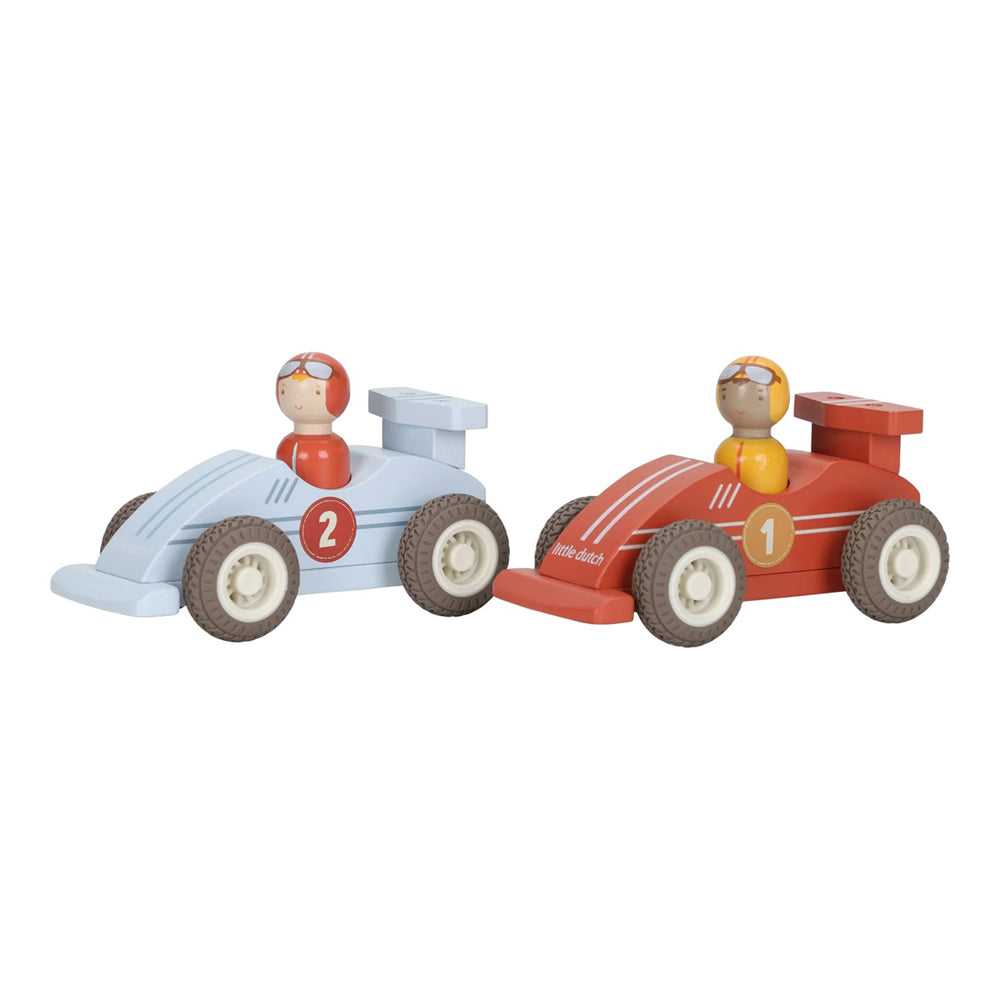 The Little Dutch Pullback Racecars by Little Dutch include a light blue #2 and red #1 car, each with a helmeted driver—perfect for kids and beautifully displayed on a crisp white background.