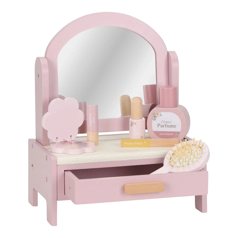 The Little Dutch Vanity Table Small by Little Dutch is a pink wooden dressing table featuring a rotating mirror, drawer, hairbrush, perfume bottle, lipstick, nail polish, and other fun beauty accessories on top.