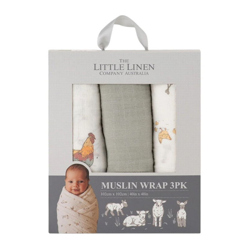 Little Linen Muslin Wraps 3PK - Farmyard Lamb