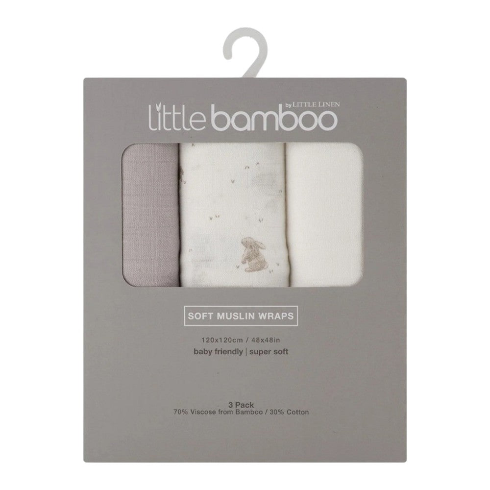 Little Bamboo Muslin Wraps 3Pk  - Stone Grey