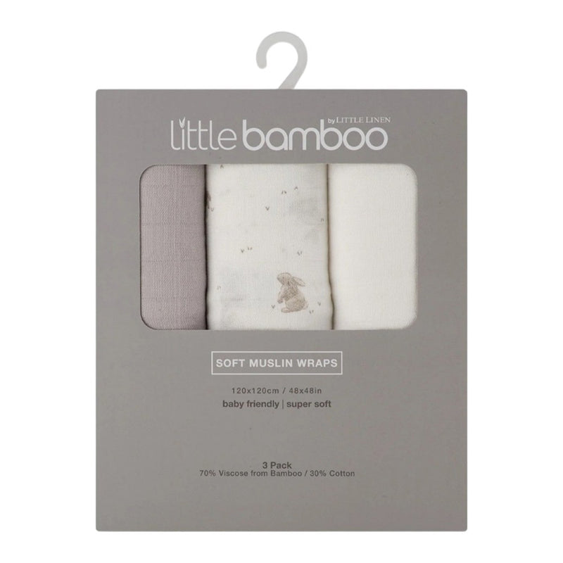 Little Bamboo Muslin Wraps 3Pk - Stone Grey