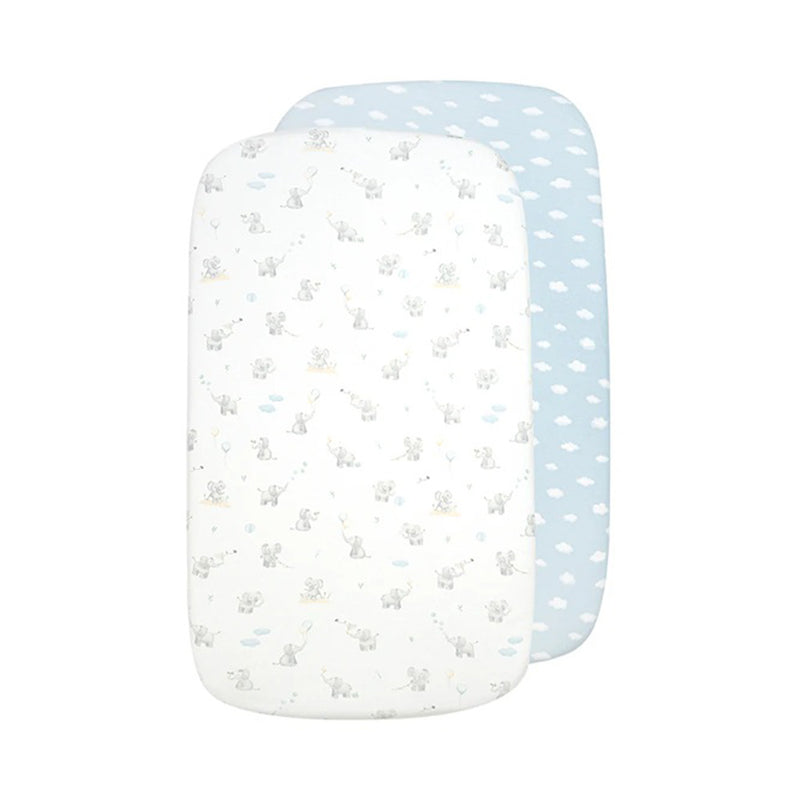 The Living Textiles Bedside Sleeper Fitted Sheet 2pk Elephant Playtime includes two breathable sheets—one white with elephants and balloons, one light blue with clouds—for your baby's comfort. Brand: Living Textiles.