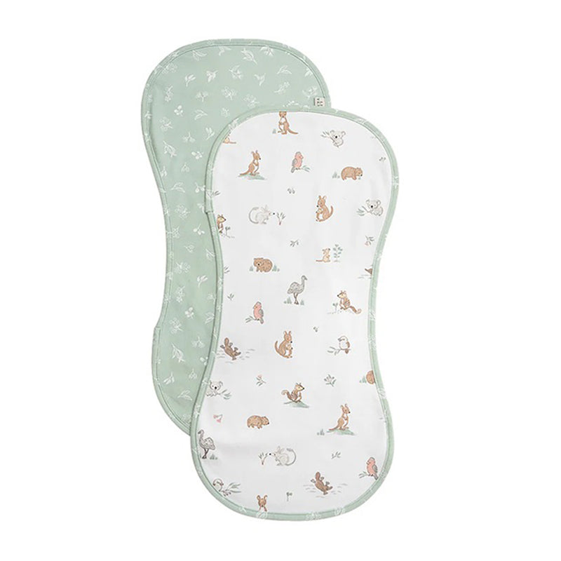 The Living Textiles Burp Cloths 2pk Australiana by Living Textiles includes one light green burp cloth with a white animal print and one white cloth featuring pastel woodland creatures—perfect, absorbent essentials for any baby nursery.