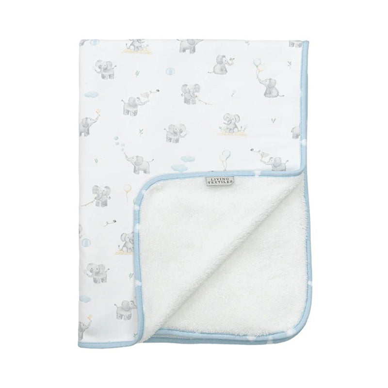 The Living Textiles Sherpa Pram Blanket Elephant Playtime by Living Textiles features playful elephant and balloon illustrations, a light blue border, soft organic cotton, and a white fluffy sherpa underside.