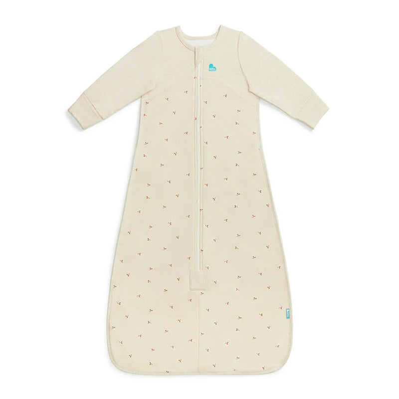 The Love To Dream Sleep Bag 1.5T Stretch Cotton Fleece Twigs Oatmeal by Love To Dream is a beige wearable blanket with long sleeves, center zipper, subtle pattern, chest logo, and a blue tag near the left bottom hem.