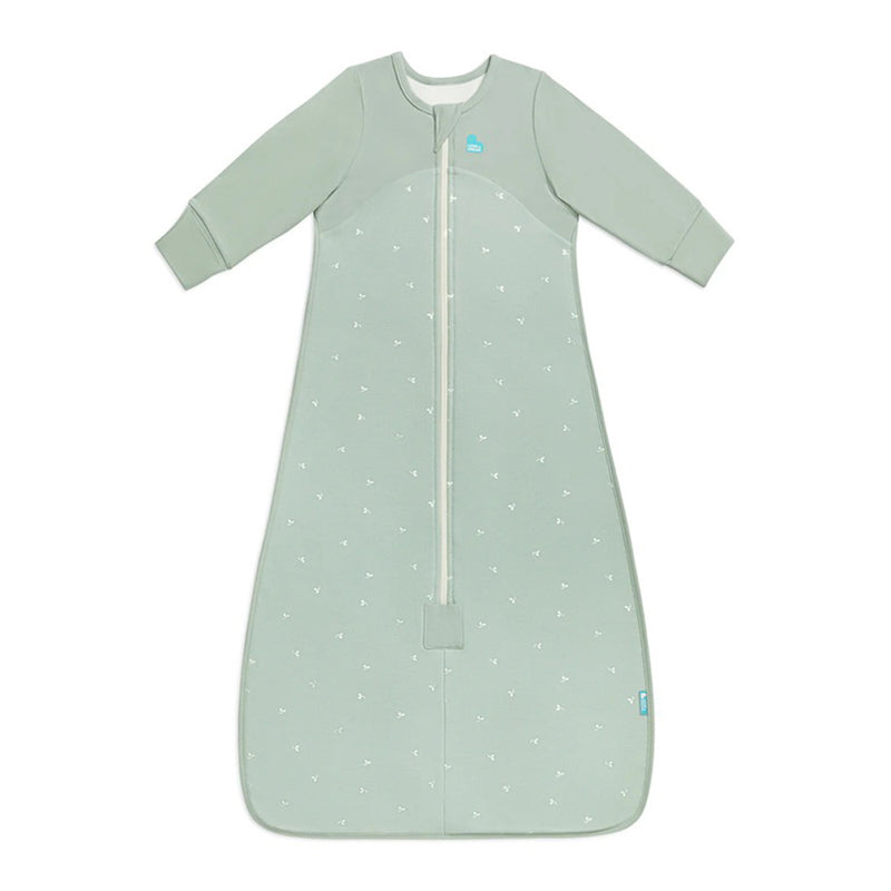 The Love To Dream Sleep Bag 1.5T Stretch Cotton Fleece Twigs Olive by Love To Dream is a sage green wearable blanket with long sleeves, front zipper, subtle twig pattern, soft fleece fabric, fitted cuffs, and a blue chest logo—perfect as your baby's cozy sleep sack.