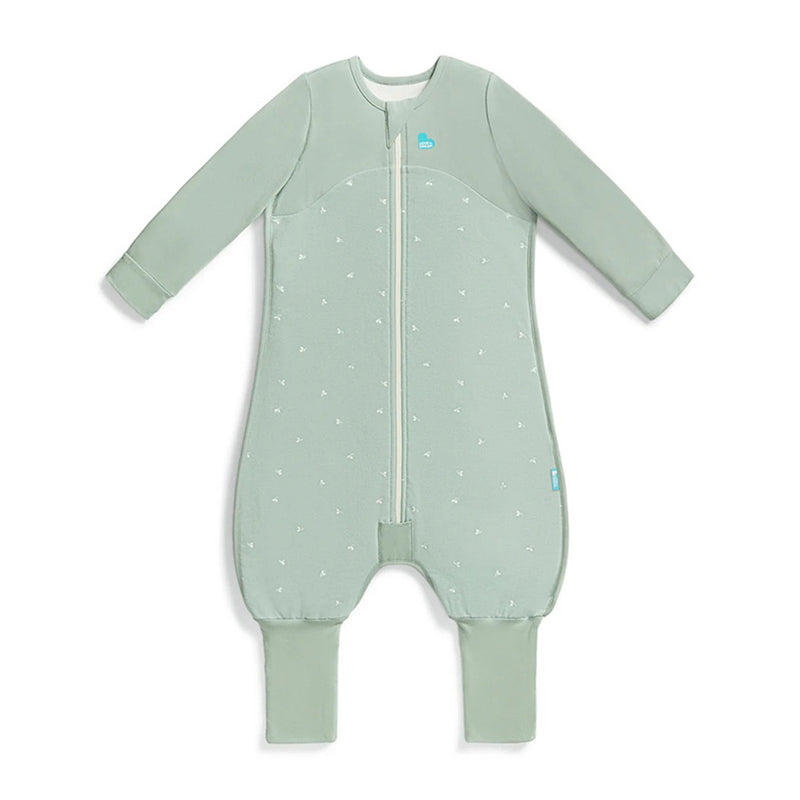 The Love To Dream Sleep Suit 1.5T Stretch Cotton Fleece Twigs Olive features long sleeves, a front zipper, and white twig patterns. This cozy wearable blanket offers fold-over cuffs, footless legs, and soft comfort for your little one.