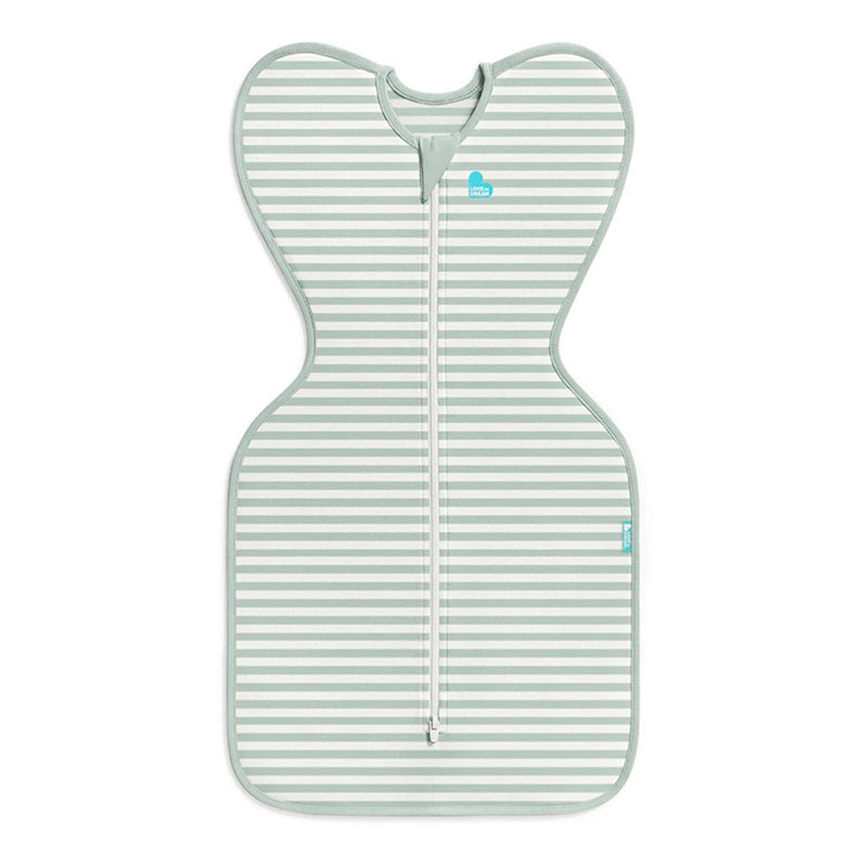 A Love To Dream Swaddle Up 0.2T Stretch Cotton baby swaddle in olive stripe, featuring a zip-up front and wing-shaped sleeves for self-soothing arms-up sleep, is laid flat on a white background.